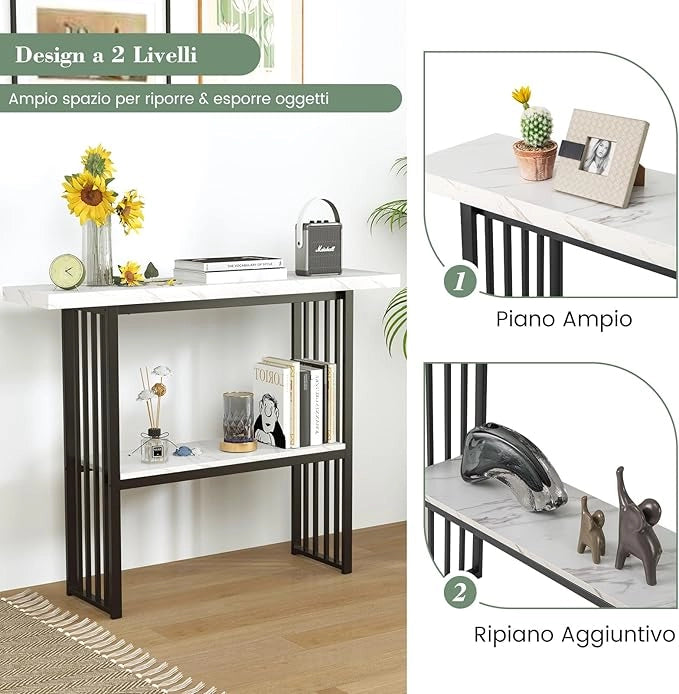 Tavolo da Ingresso Stretto e Compatto, Tavolo da Divano in Finto Marmo con Struttura in Acciaio, Consolle Moderno per Salotto e Corridoio, 120 x 29,5 x 92,5 cm (Nero e Bianco)