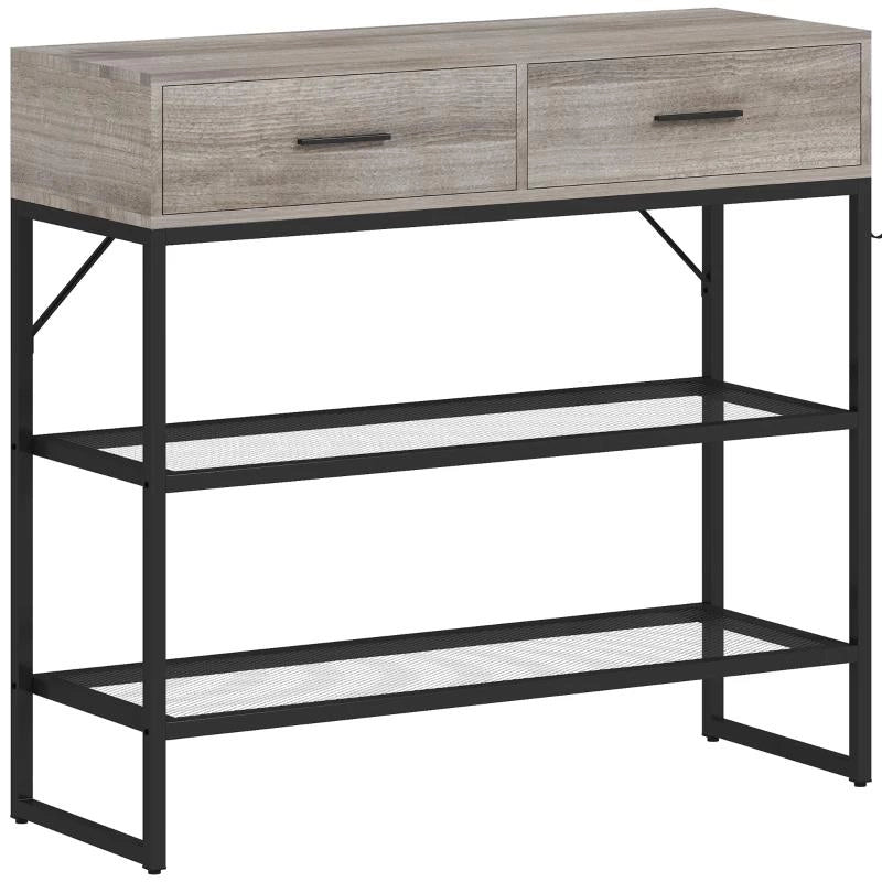 CONSOLLE DA INGRESSO CON 2 CASSETTI, 2 RIPIANI E GANCIO LATERALE, IN LEGNO E METALLO, 100X35X92 CM, NERO E LEGNO