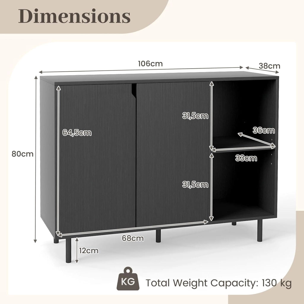 Credenza Cucina Bianca, Armadio Dispensa con Ante, Ripiano Regolabile in 5 Livelli e Dispositivo Anti-Ribaltamento, Mobile Buffet per Soggiorno e Corridoio, 106x38x80cm (L x P x A) (Nero)