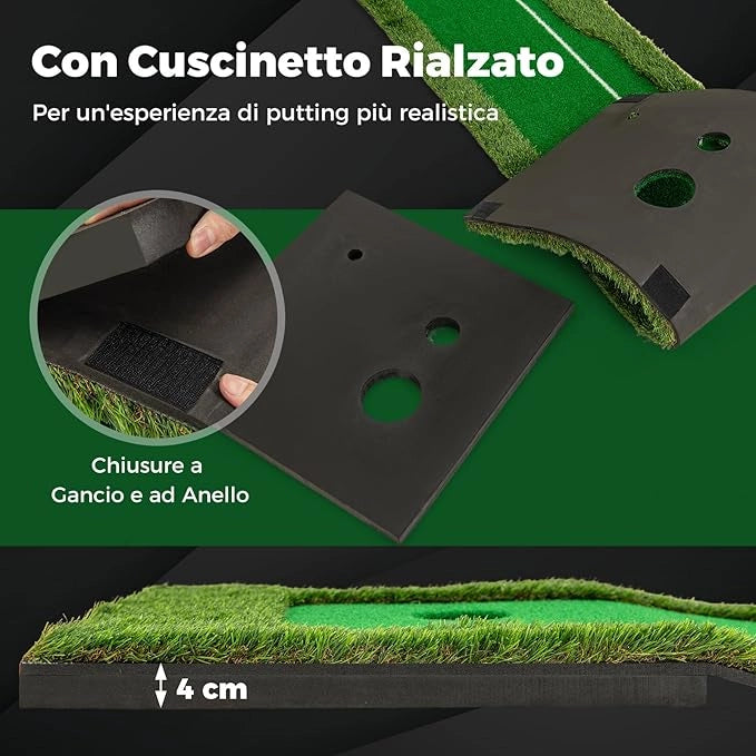 Putting Green, Tappetino da Interno ed Esterno con Erba Sintetica, 3 Palline da Golf e 2 Dimensioni di Buche, Tappetino da Golf per Casa, Ufficio e Giardino, 300 x 50 cm
