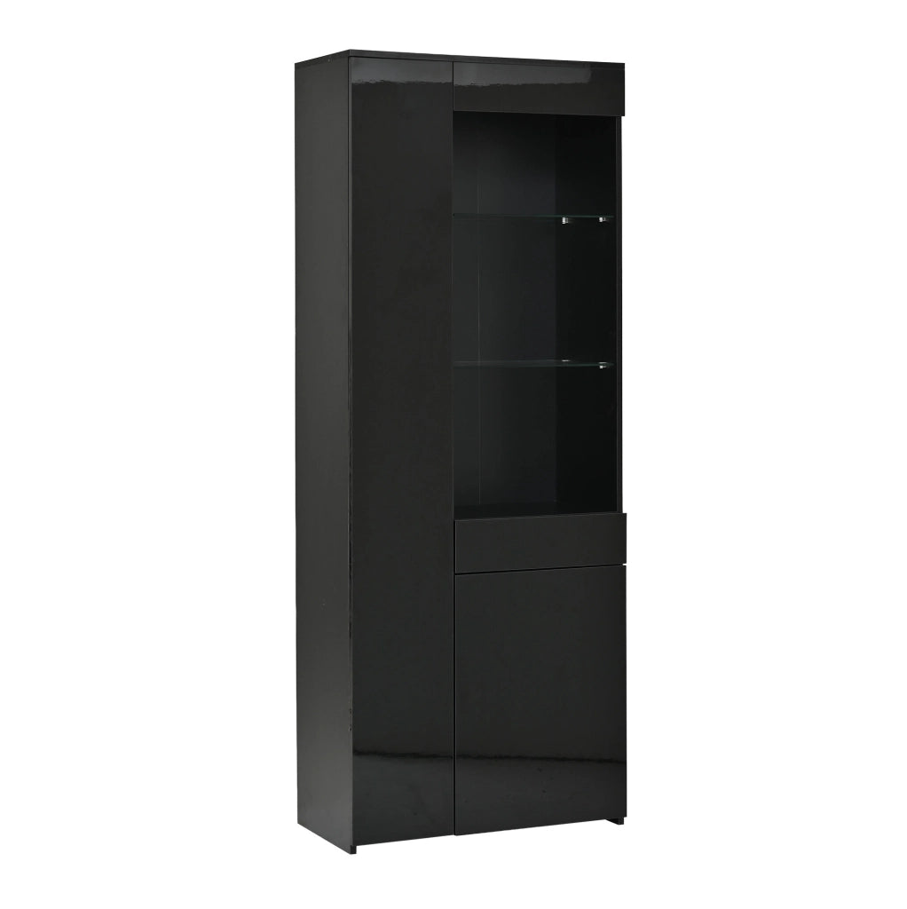 Vetrina alta 70x35x180 cm in truciolare nero con LED; 2 ante; cassetto e vetro temperato