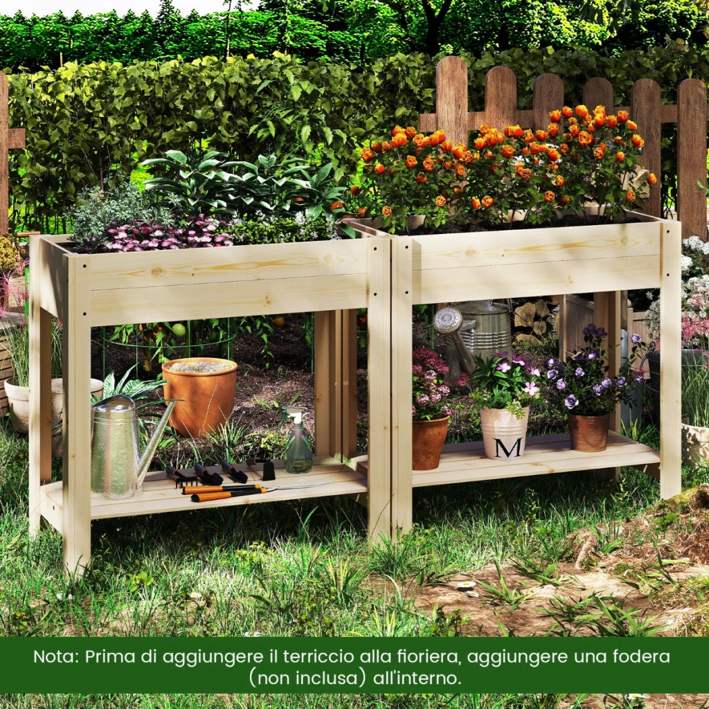 Letto da giardino rialzato in legno contenitore per fiori per interno ed esterno, Fioriera elevata con ripiano Naturale-Fioriere
