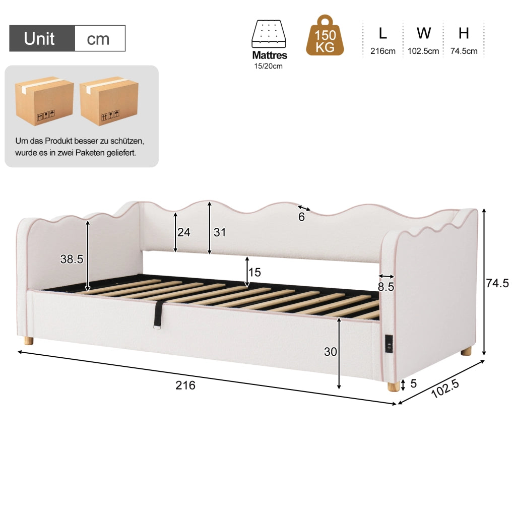 Letto imbottito 90x200 cm con contenitore idraulico, bouclé beige, con presa USB e Tipo-C