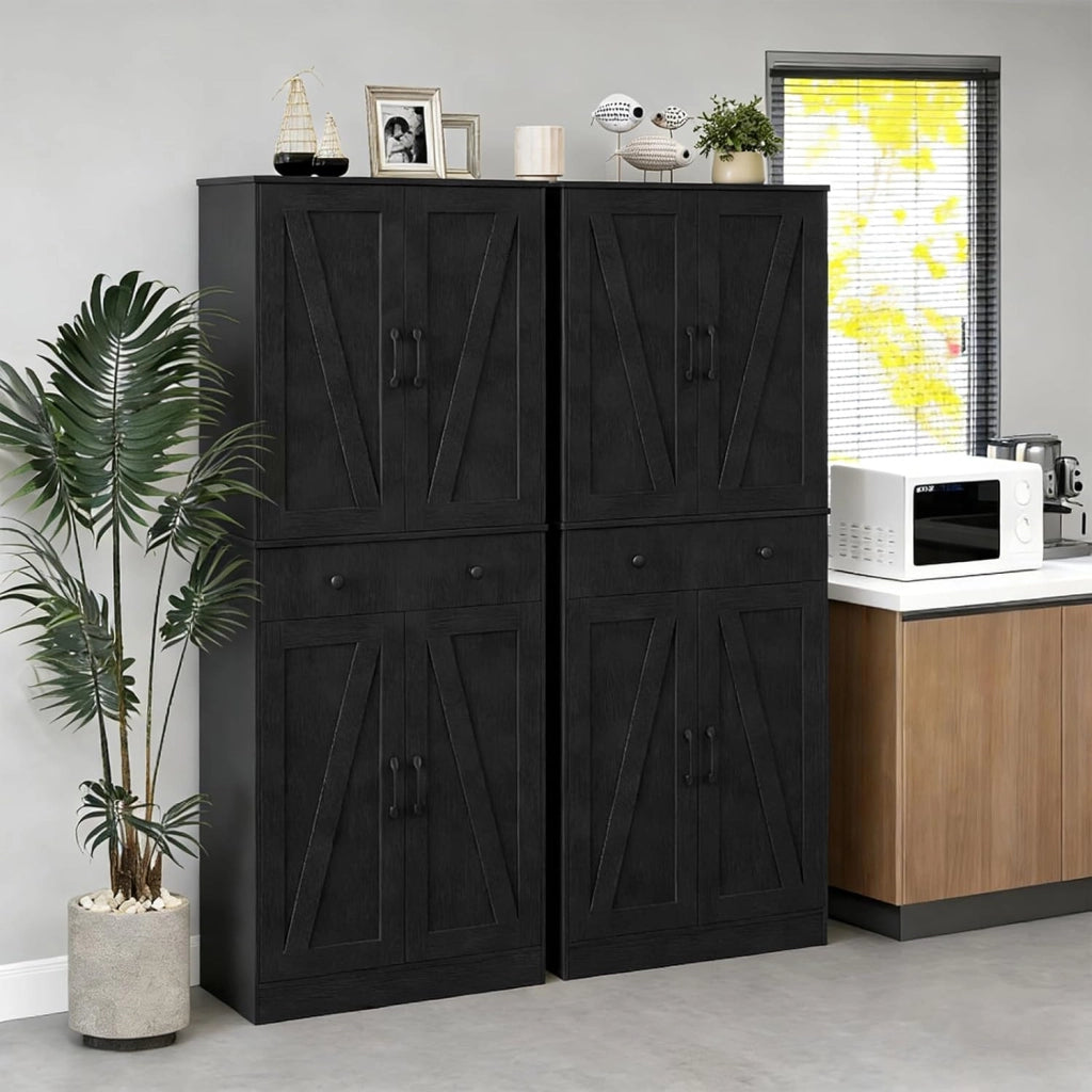 Credenza Alta da Cucina in Legno, 2 Armadi con Ante e 1 Cassetto, Mobile Buffet con 3 Ripiani Regolabili, Mobiletto Multiuso per Soggiorno, Sala da Pranzo, 77x39x183cm(In 2 Pacchi) (Nero)