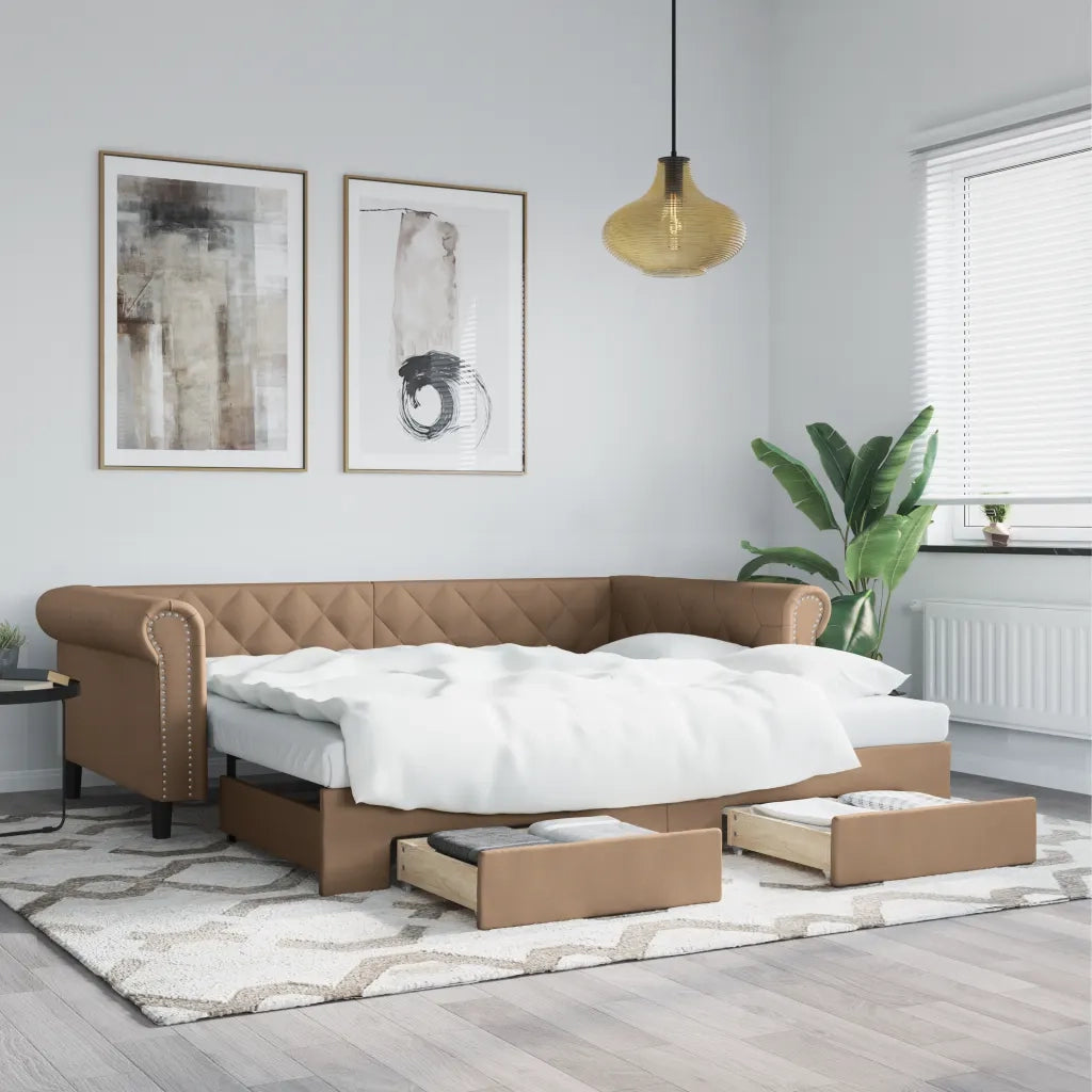 Divano Letto Estraibile Cassetti-Sofa Letto-Daybed Cappuccino 90x200cm Similpelle