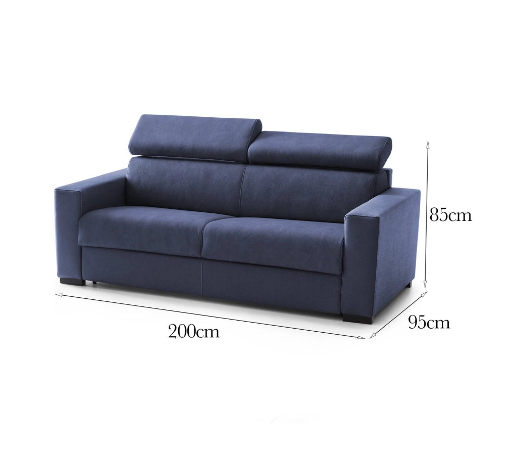 Divano fisso Schiavo, Divano a 2 posti Large, Made in Italy, SofÒ  Soggiorno, in tessuto imbottito, con poggiatesta regolabili e Braccioli standard, cm 200x95h85, Blu