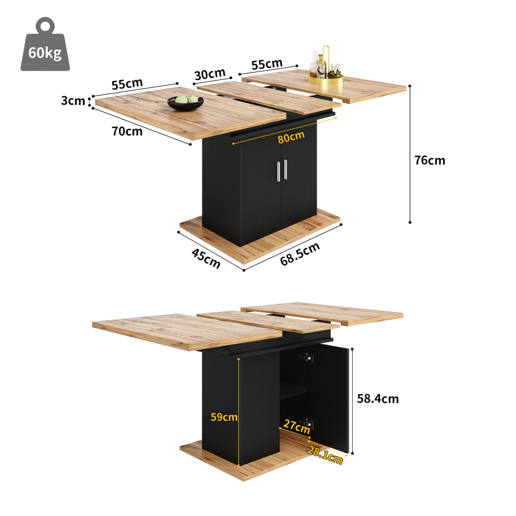 Tavolo da pranzo allungabile con vano contenitore, ripiani regolabili e anta ondulata, per cucina e soggiorno, in MDF nero