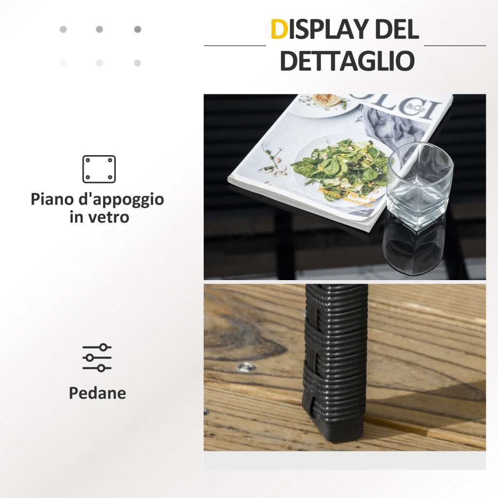 Set Salotto da Giardino Divano 2 Poltrone con Cuscini e Tavolino in Vetro in Rattan PE Nero e Grigio