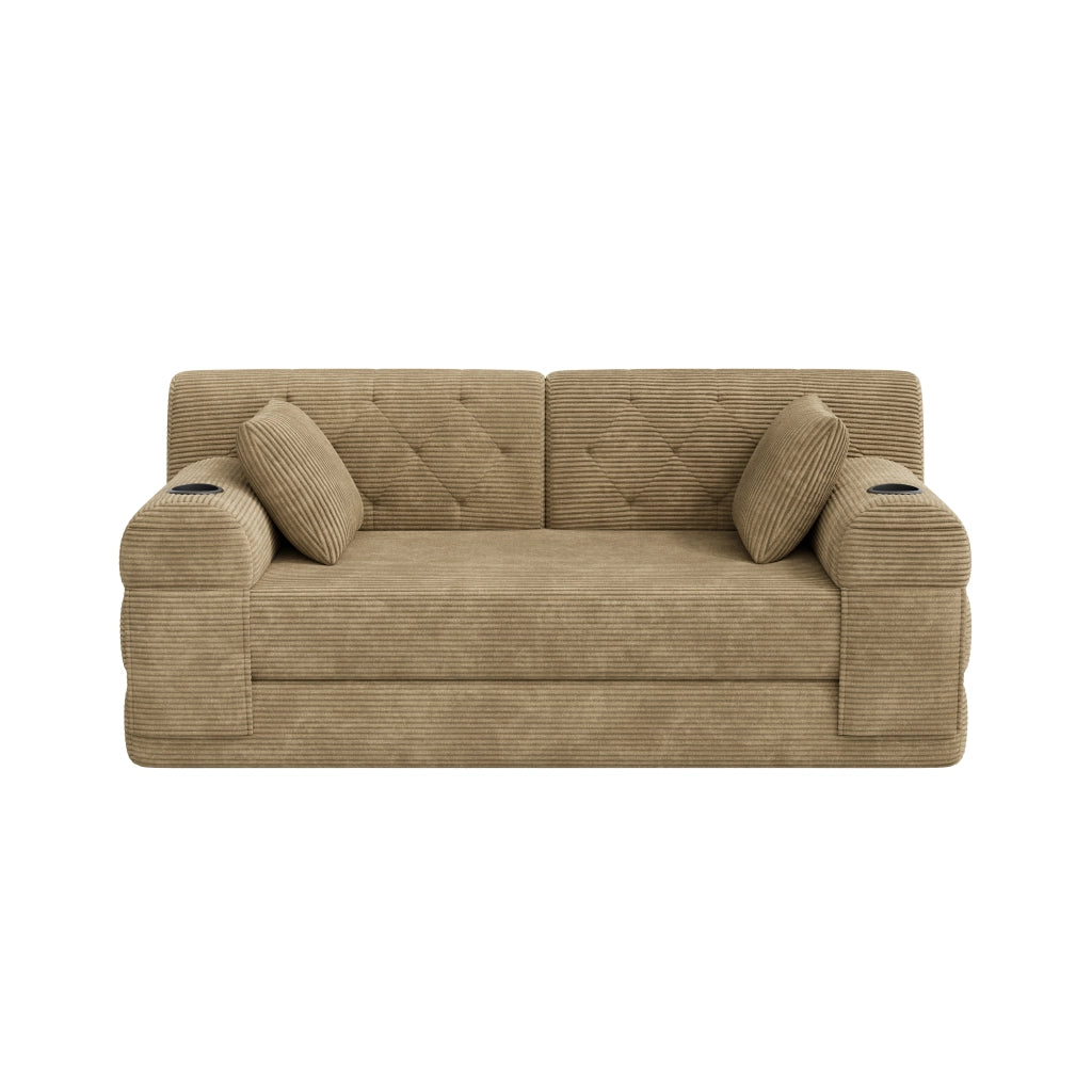 Divano letto 2 posti con schienale alto, tasche laterali e portabicchieri in velluto a coste khaki 168 × 80 × 81 cm