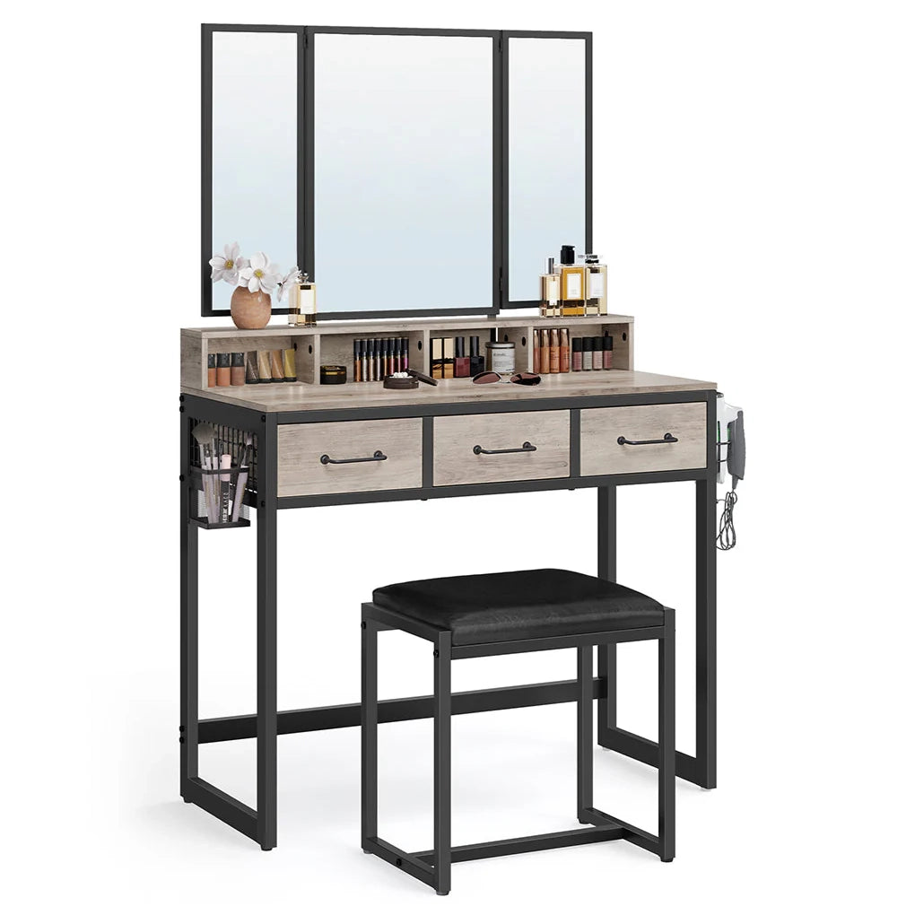 Set da toeletta 90 x 40 x 141 cm con sgabello imbottito specchio triplo 3 cassetti porta asciugacapelli stile industriale marrone rustico e nero 12_0005418