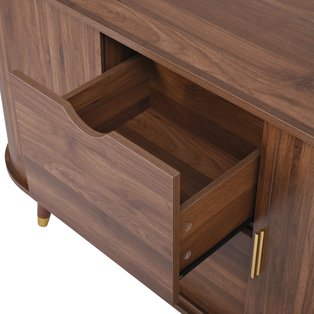Credenza con venatura verticale, doppio cassetto e ripiani aperti in MDF effetto noce, 140 × 40 × 79,5 cm