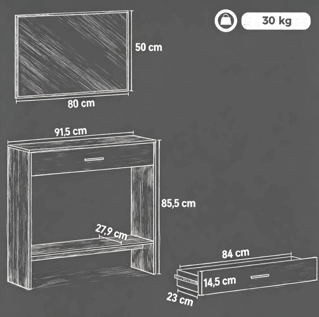Mobile ingresso con specchio, cassetto e ripiano rovere bianco