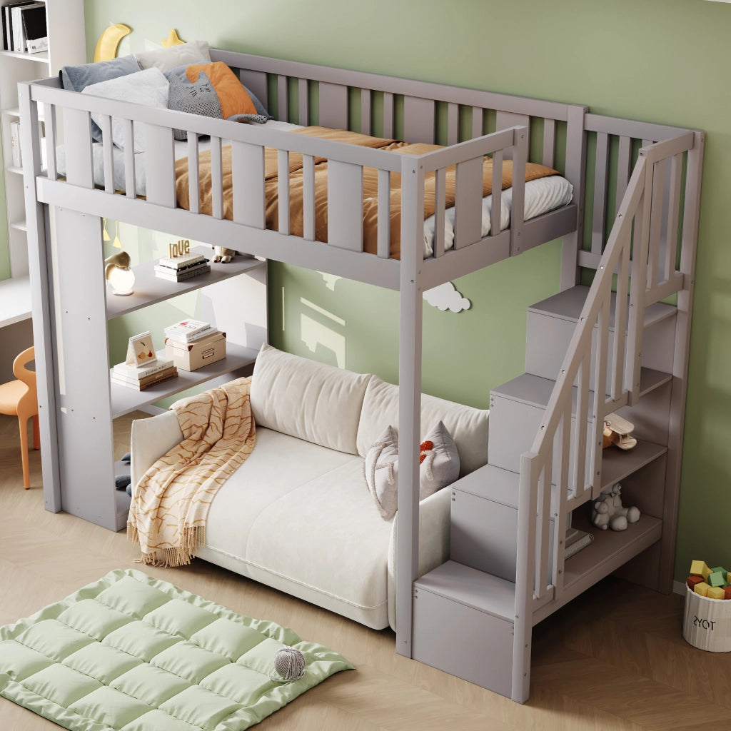 OKWISH Letto a Soppalco 90×200 cm, Letto Singolo con Scala Contenitore, 3 Scomparti e Sponda di Sicurezza, senza Materasso, Legno, Grigio