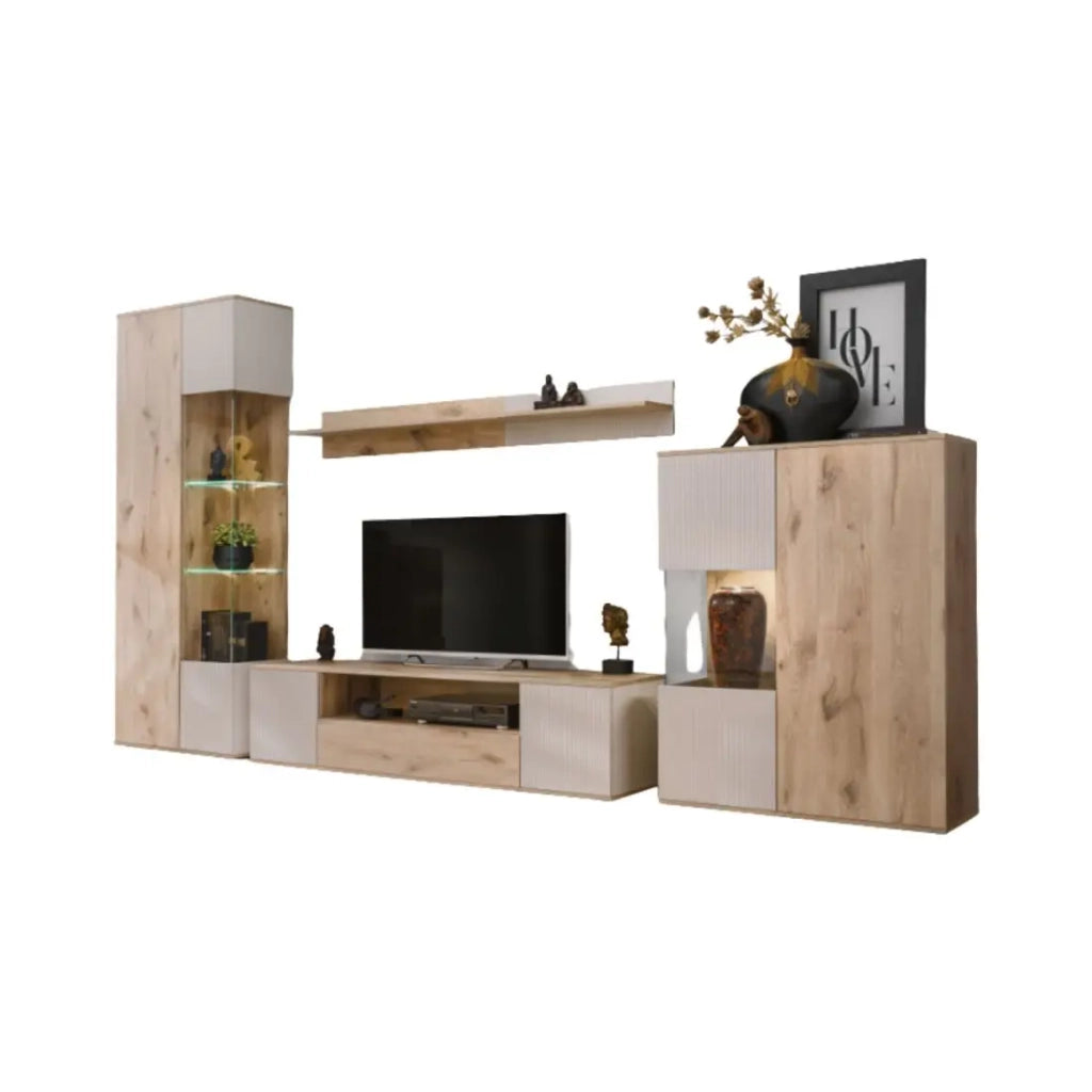 Set da salotto ERINA – Vetrina, mobile TV, mensola a muro e credenza alta – Rovere chiaro e beige
