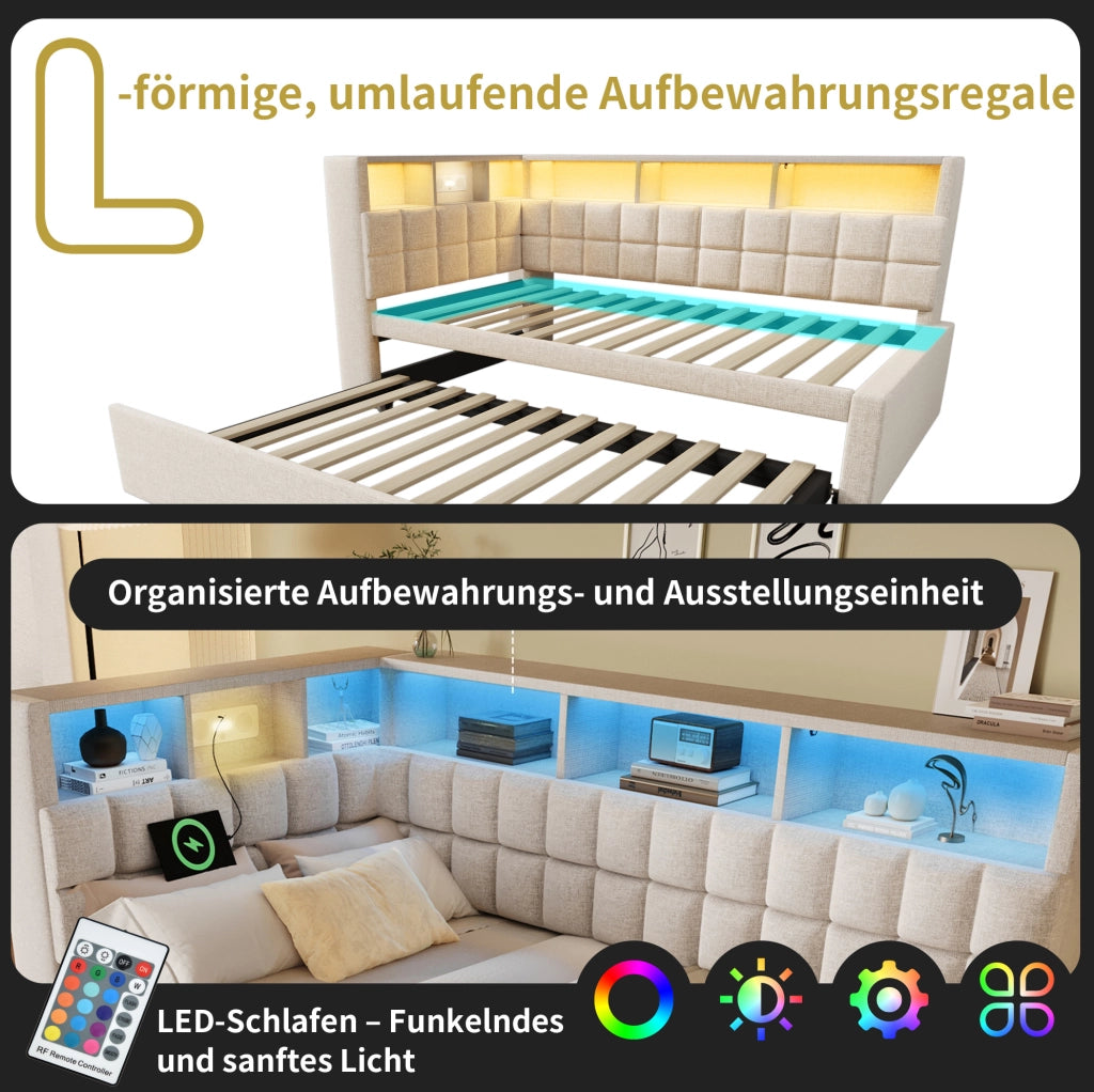 Letto singolo estraibile 90x200 beige con LED, USB-C e Bluetooth