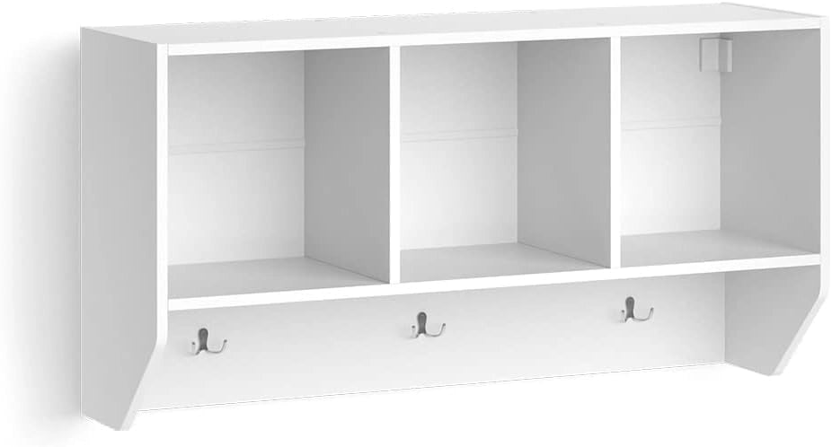 Scaffale a muro per bambini Luigi, Bianco, 107.2 x 56 cm, per montaggio a parete con ripiani aperti e ganci