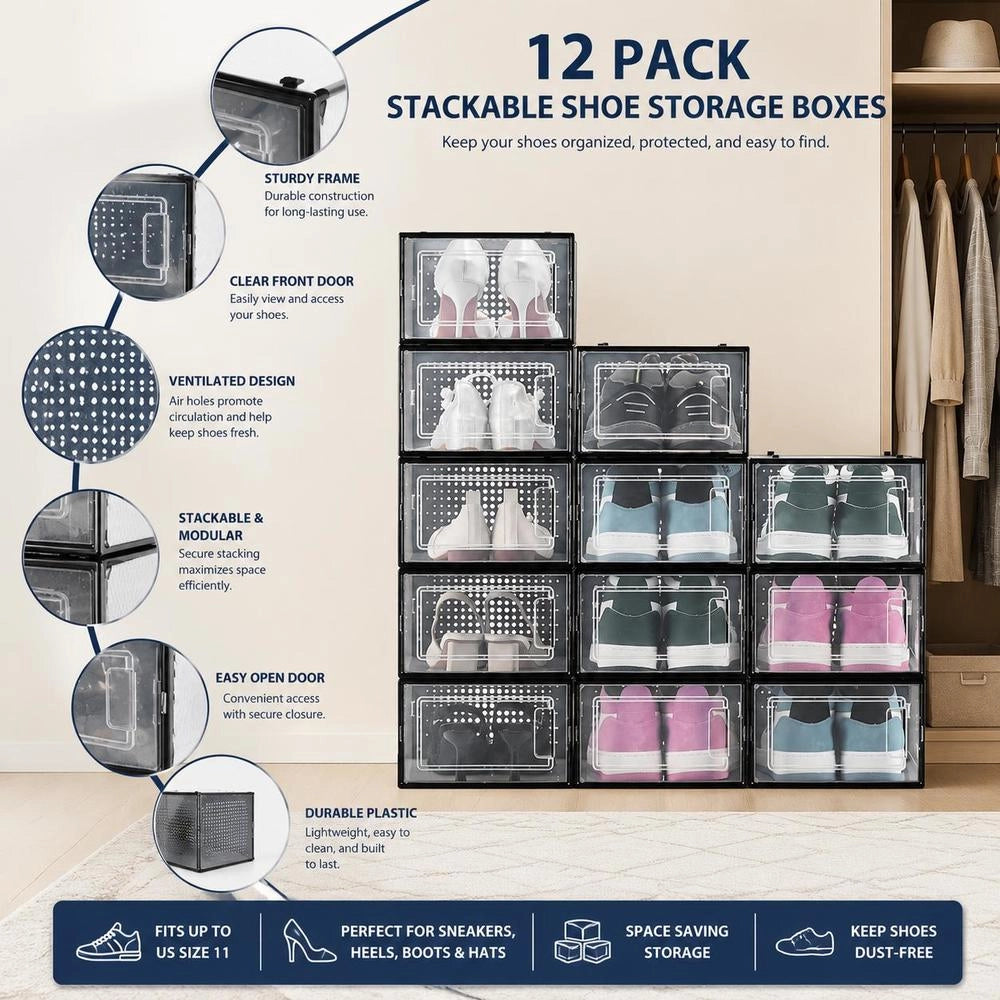Shoe Storage Boxes, Stackable Shoe Boxes (12 Pcs), Fits Up To US Size 11, Modular Plastic Shoe Organizers For Storing High Heels, Boots, And Hats, Black Frame