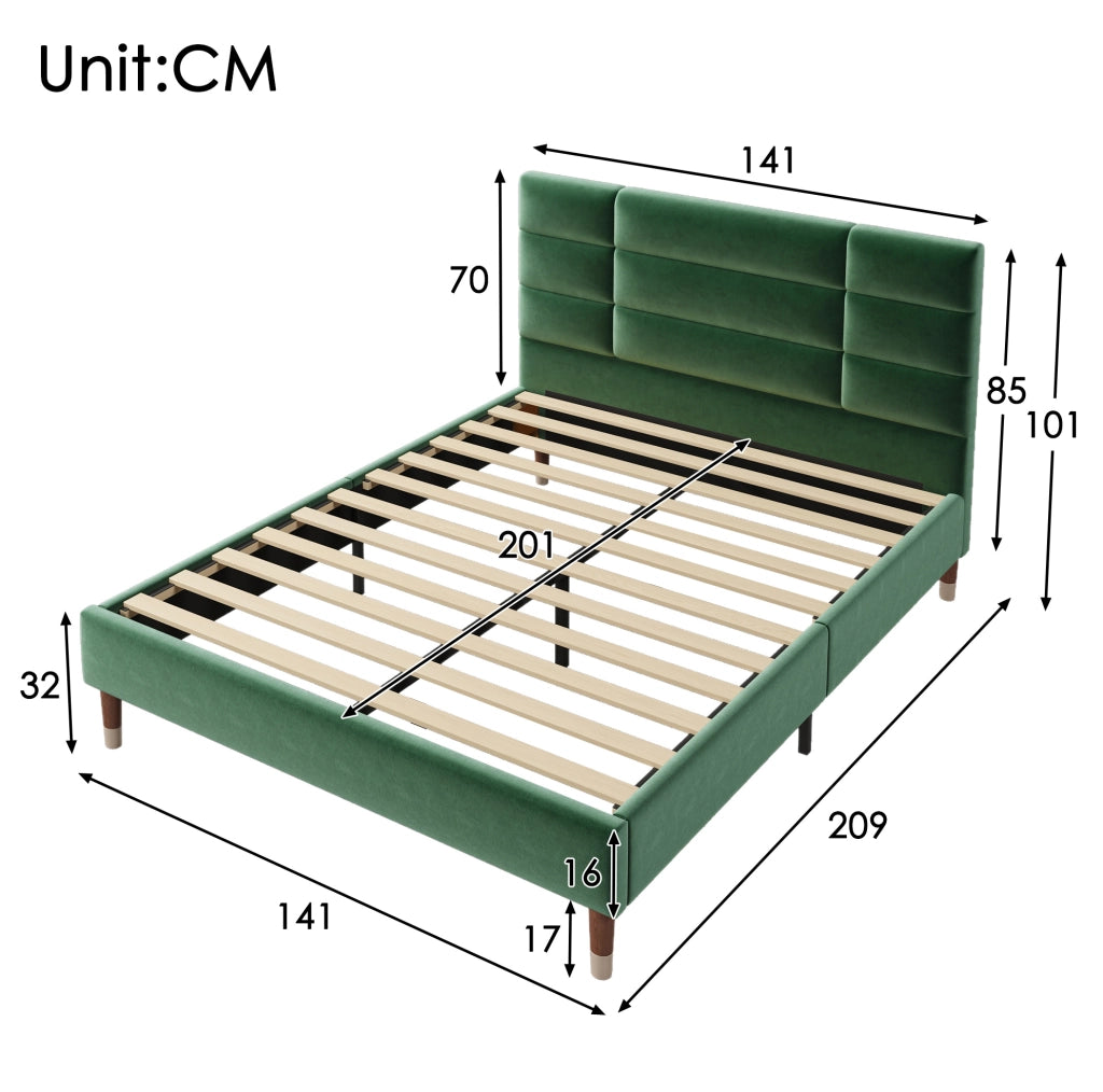 Letto matrimoniale 140x200 cm con rete a doghe; velluto verde; senza materasso
