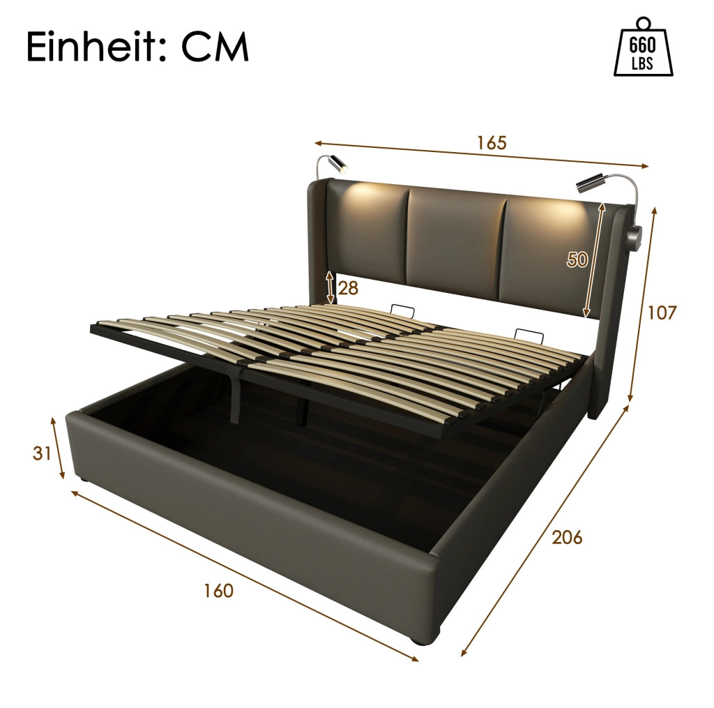 Letto imbottito 160 x 200 cm con contenitore, luce da lettura e ricarica USB