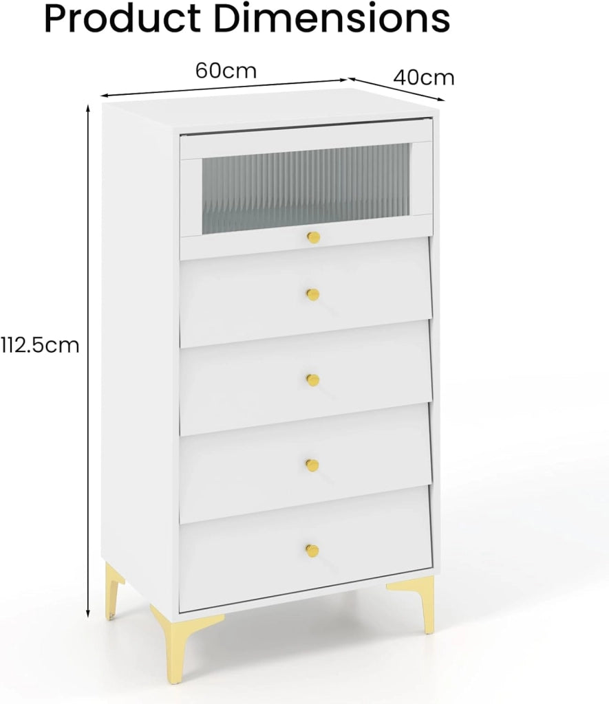 Cassettiera Bianca in Legno, Comò Camera da Letto Moderno con Porta in Vetro e Gambe in Metallo, Mobiletto Cucina con Cassetti Scorrevoli, per Studio, Ingresso, Bianco (Con 4 Cassetti)