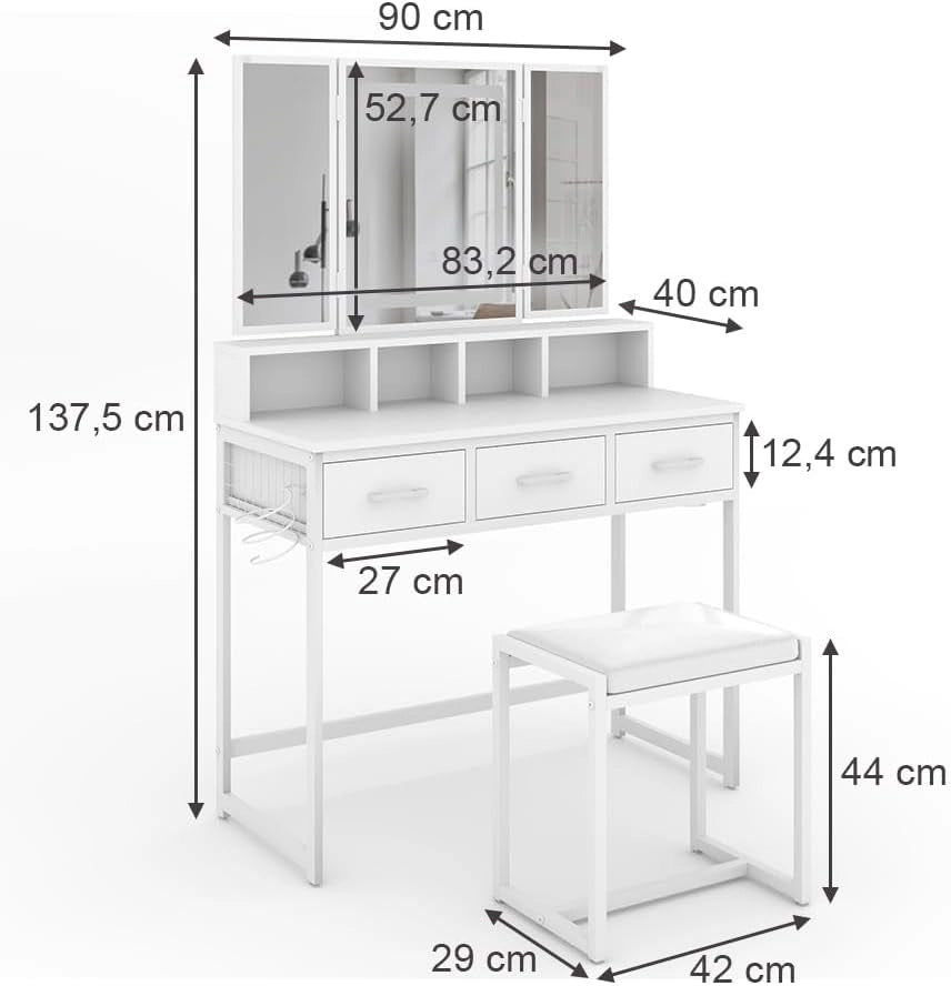 Vicco Tavolo da toilette Mavida, Bianco, 90 cm con specchio LED e sgabello