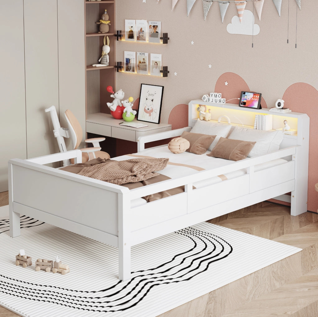 Letto singolo multifunzione 90x200 cm in legno di pino; bianco; con LED e porta USB-C