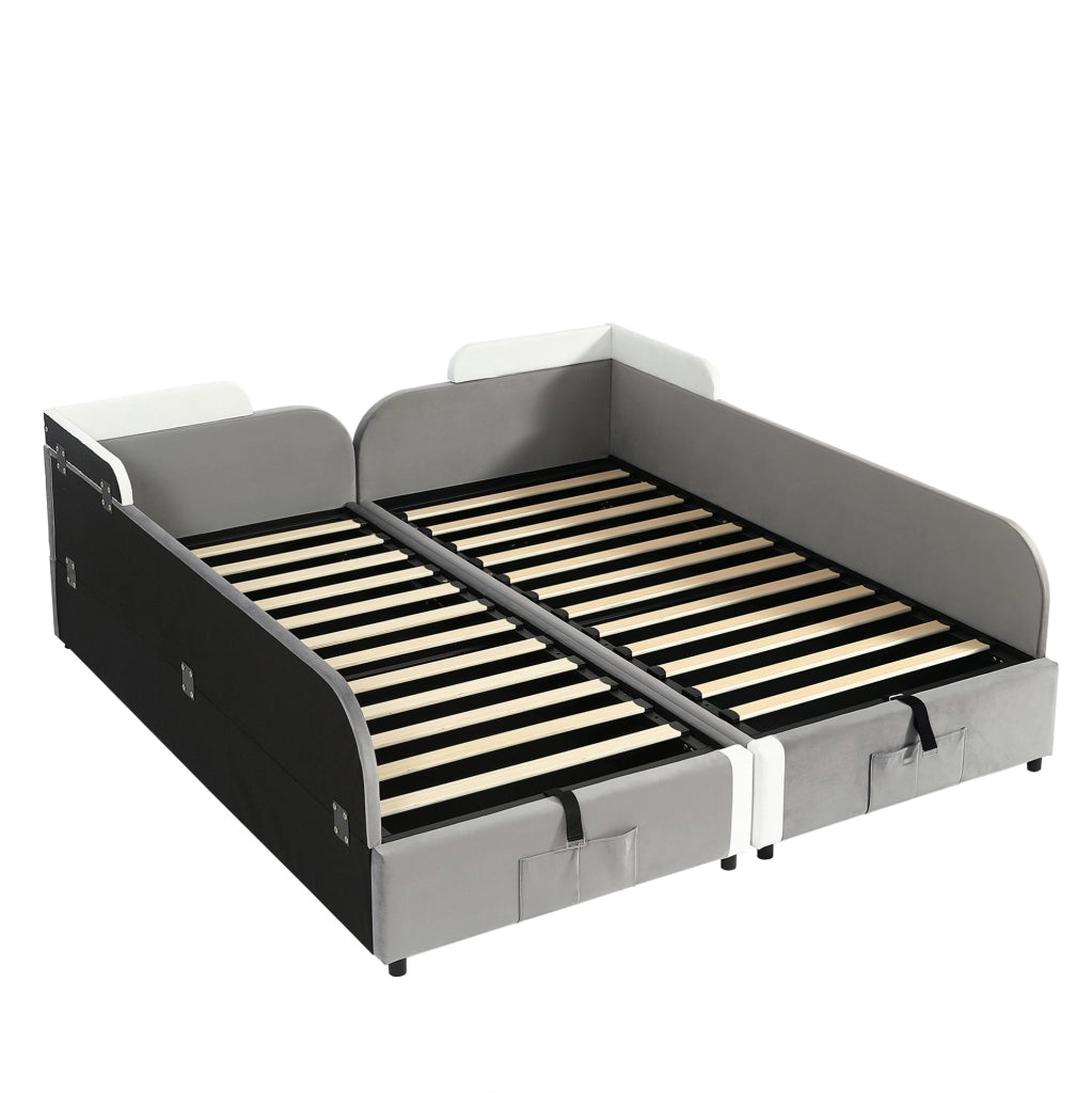 Letto imbottito per bambini con vano contenitore idraulico; velluto; per 2 materassi 90x200 cm