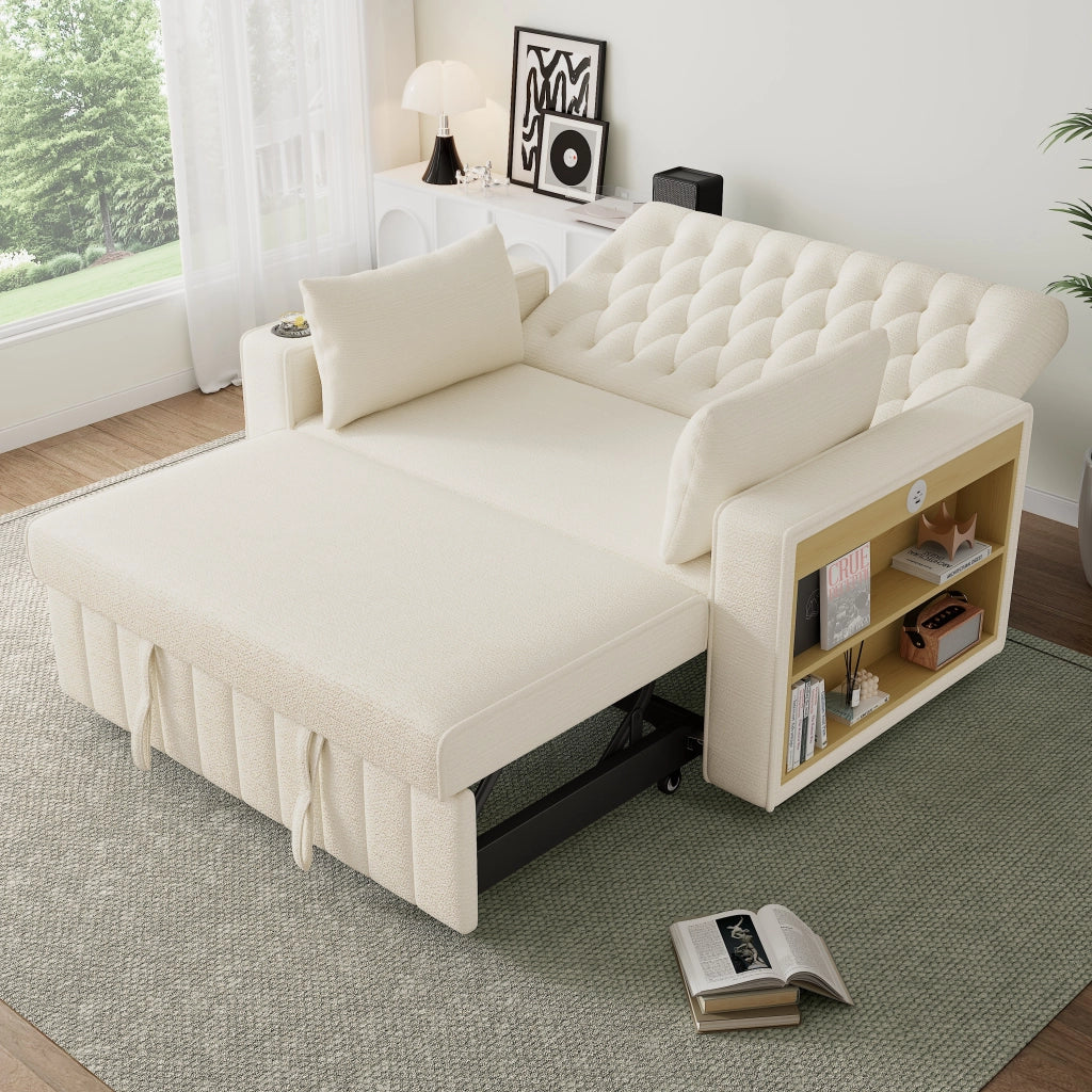 Divano letto 2 posti con schienale regolabile; porte USB; portabicchieri e 2 cuscini in ciniglia beige 140 Ã— 137 Ã— 84 cm