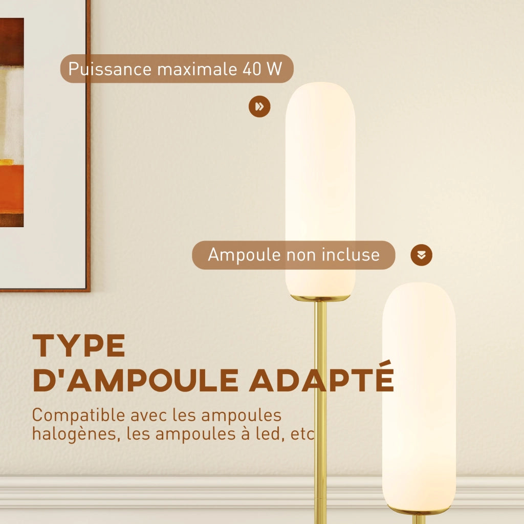 Lampada da terra ¨C Minimal ¨C base in marmo, 2 paralumi in vetro, interruttore a pedale, bianco