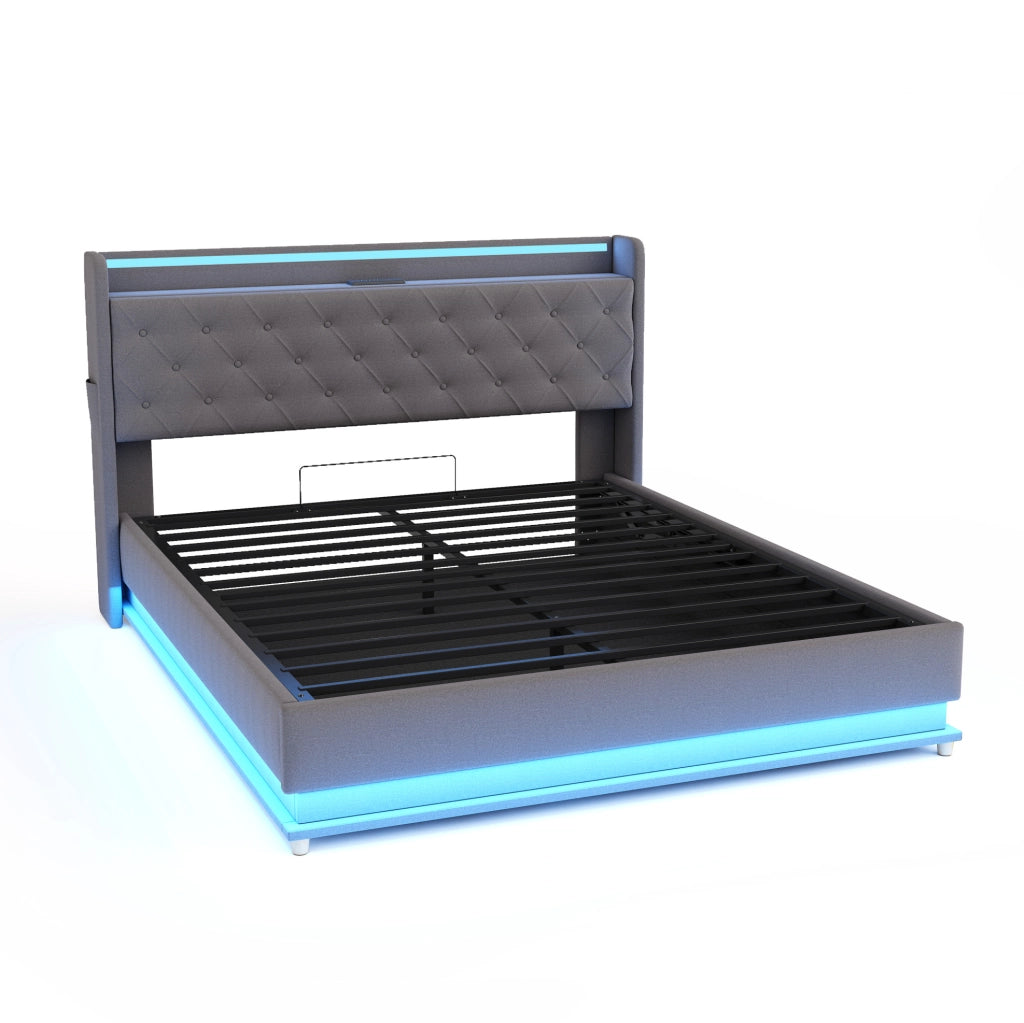 Letto imbottito 140x200 cm con LED multicolore, USB e contenitore idraulico grigio