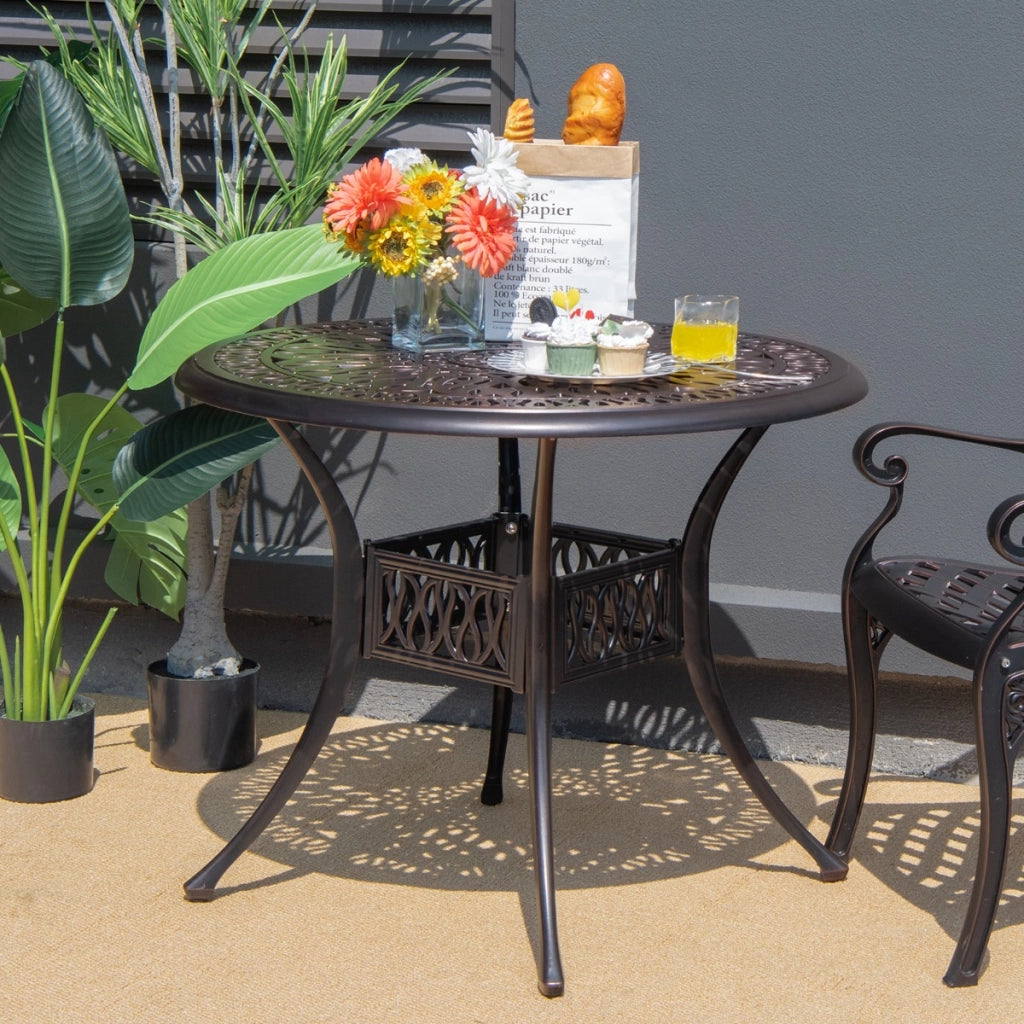 Tavolo da bistro in alluminio fuso con foro per ombrellone da 5 cm per giardino, Tavolo da pranzo da patio 91 cm Bronzo antico-Tavoli da esterno