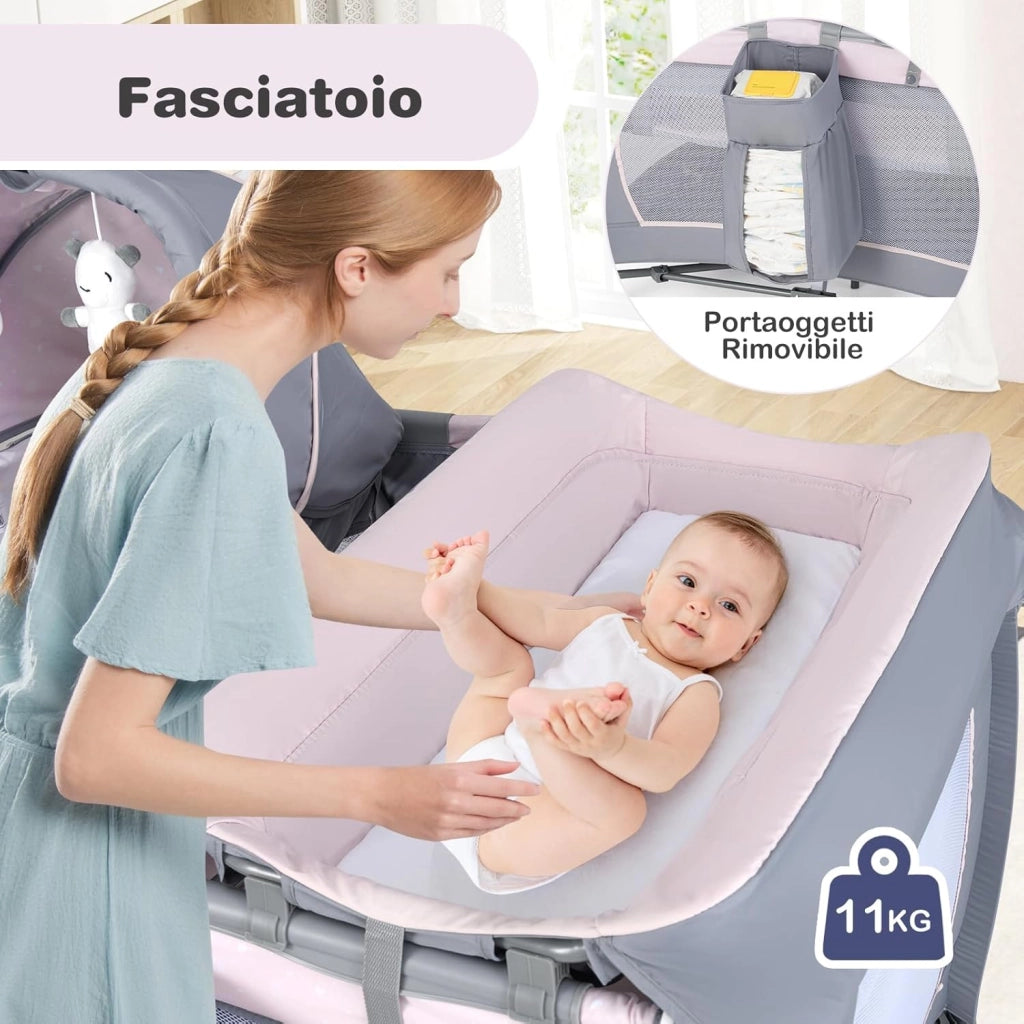 5 in 1 Culla Campeggio Bambini, Lettino Viaggio Neonati Pieghevole con Materasso, Fasciatoio, Box Portatile con Ruote, 2 Giocattoli e Carillon, per Bambini 0-3 Anni (Rosa)