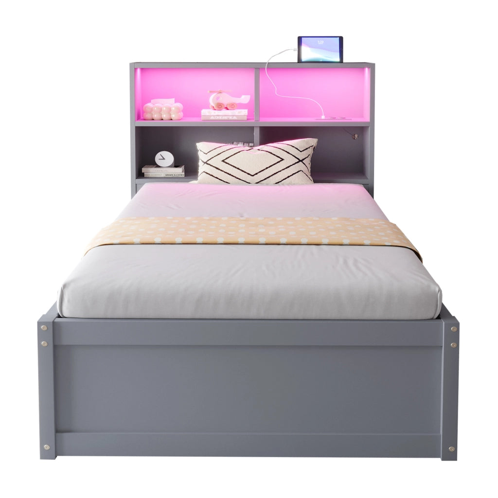 Letto singolo multifunzione 90x200 cm con LED e prese, grigio