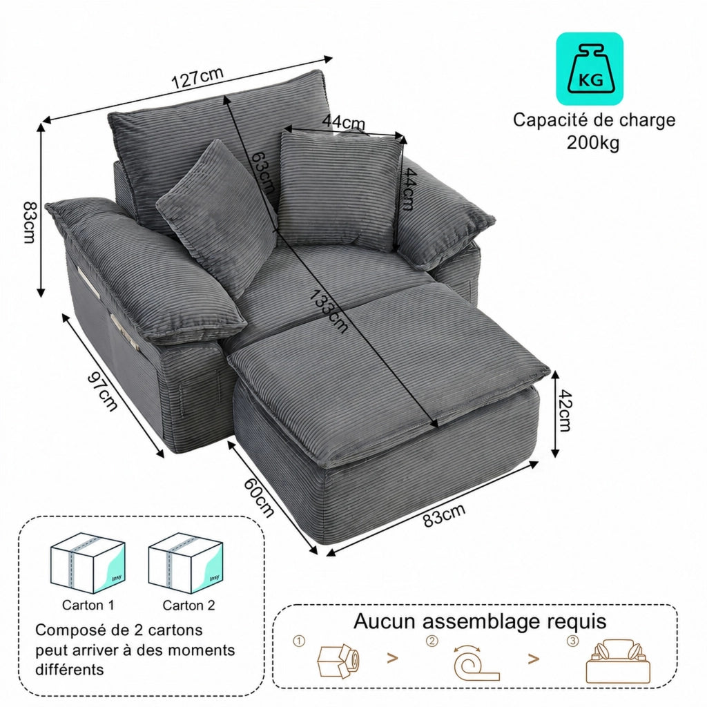 Divano modulare monposto con tasche laterali e poggiapiedi mobile in tessuto grigio chiaro 156 × 125 × 65 cm
