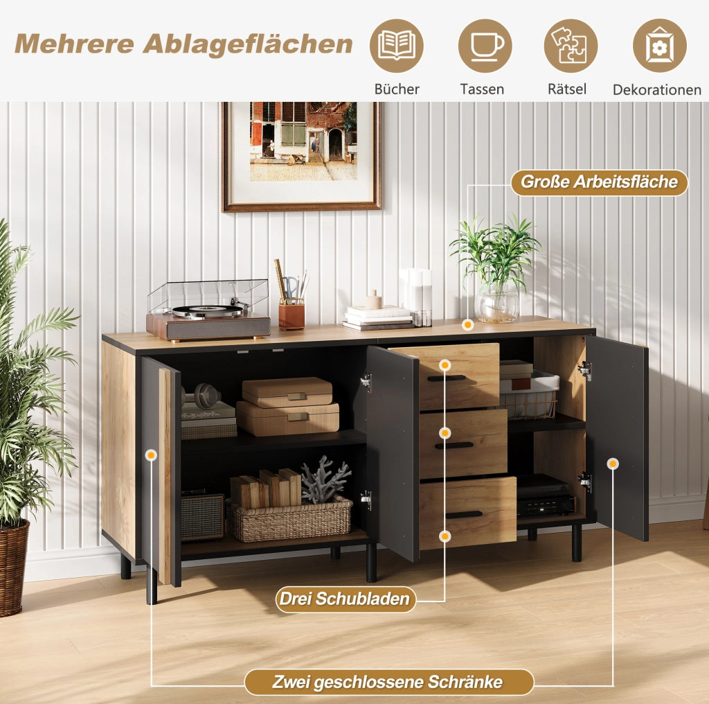 Credenza 140x35x70 cm in MDF con 3 ante e 3 cassetti; nero e effetto legno