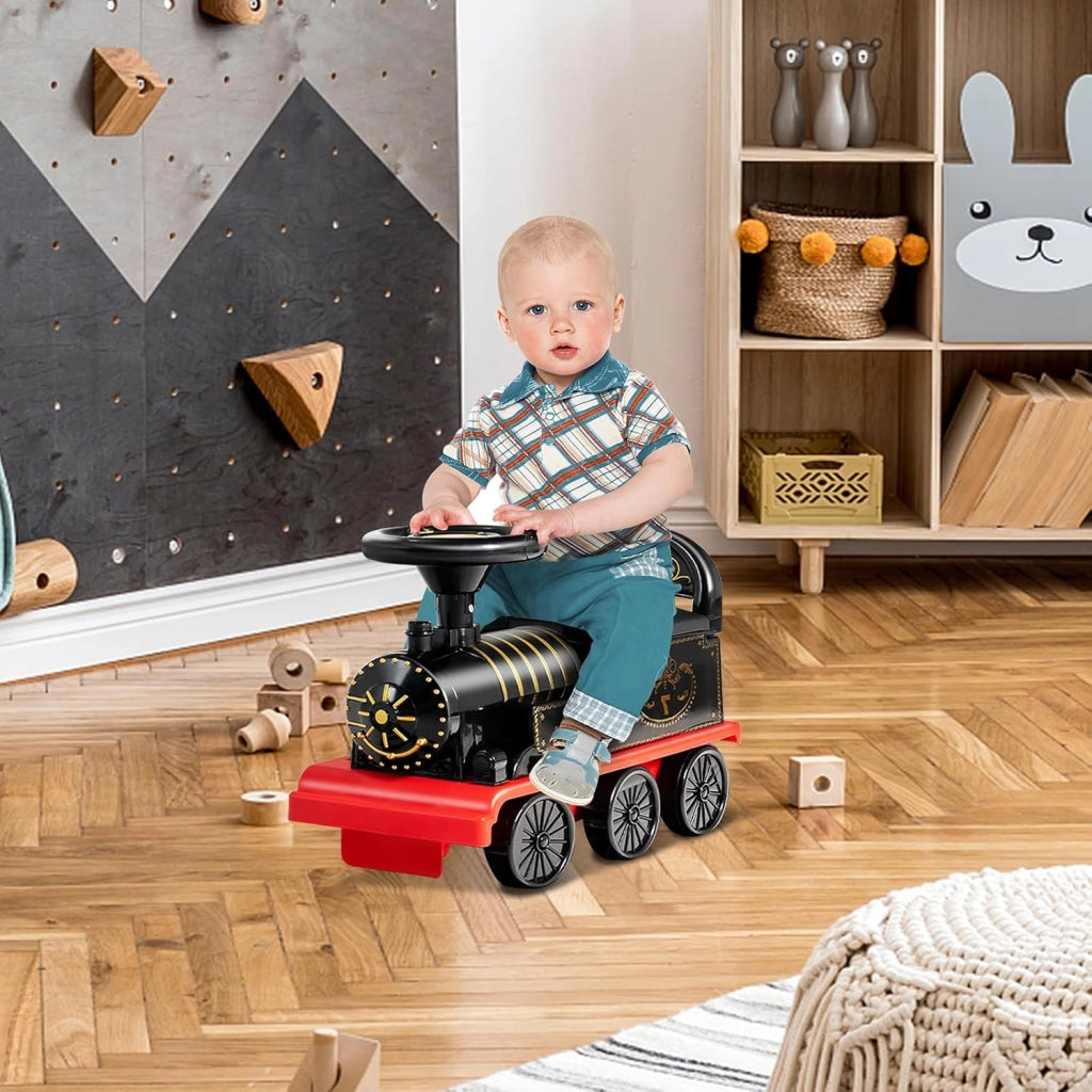 Treno elettrico per bambini, auto per bambini con musica e luci, guida realistica con pista in PP, spazio nascosto, carico 25 kg, per ragazzi e ragazze 3 anni + (nero+rosso)