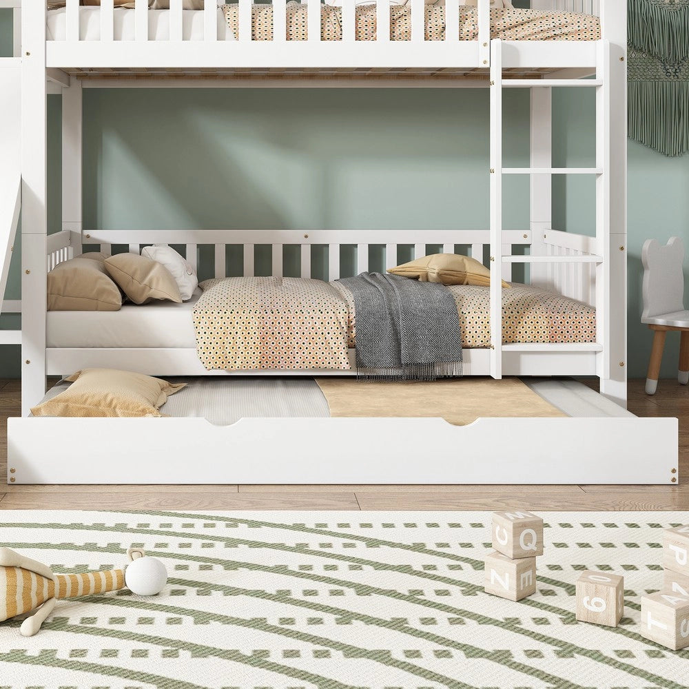 Letto a Castello con Letto Estraibile, Scivolo e Scala, Pino e MDF ¨C Xylo ¨C Bianco 90x200cm