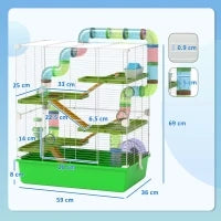 Gabbia Criceti a 5 Livelli con Tubi, Casetta, Serbatoio e Ruota, in Acciaio, PP e PS, 59x36x69 cm, Verde e Bianca