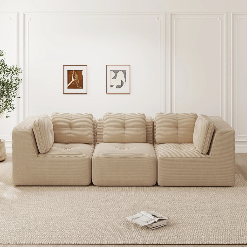 Divano angolare modulare senza struttura in tessuto corduroy con seduta profonda e comfort morbido beige