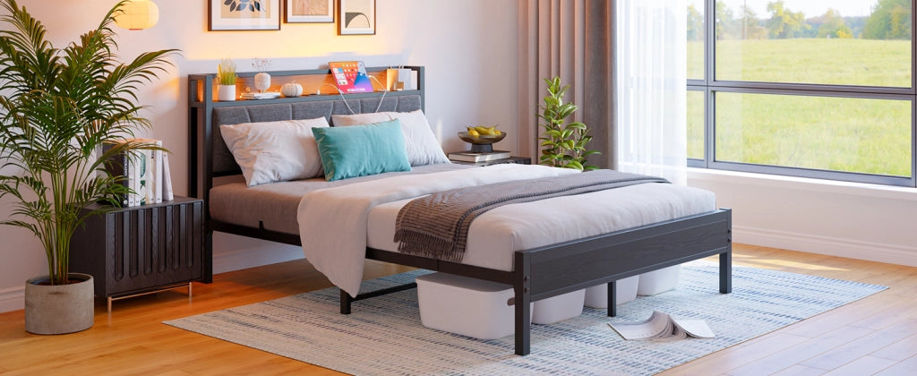 LETTO 140x200 cm in metallo e MDF nero con testiera contenitore e USB
