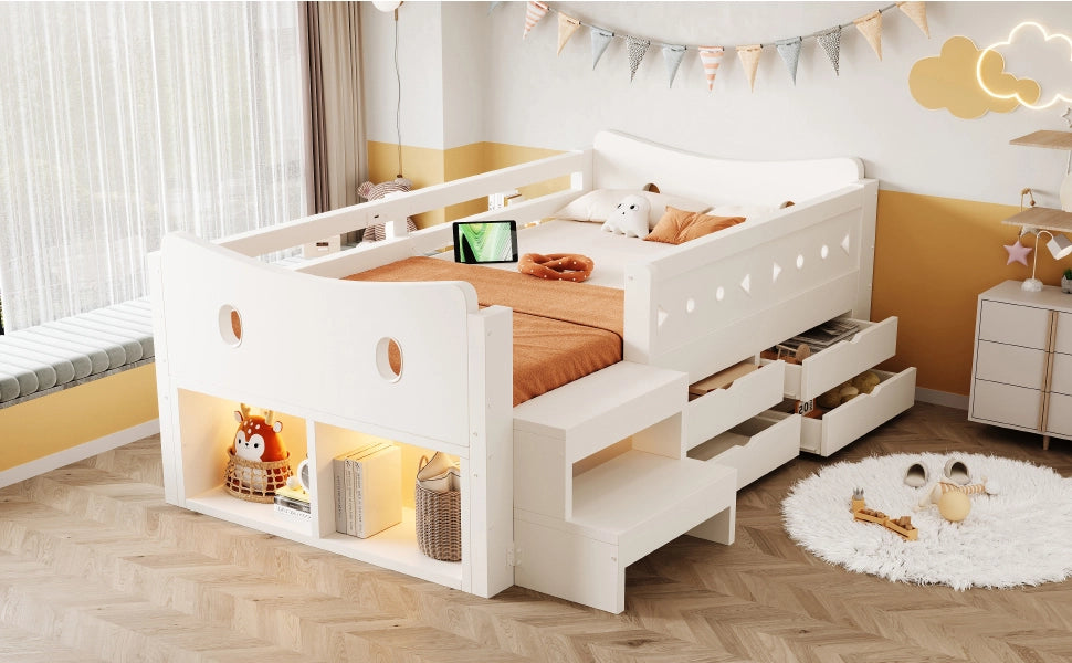 Letto per bambini 90 × 200 cm con 4 cassetti, 2 ripiani, LED, USB e Type-C, barriere di sicurezza, senza materasso, legno bianco