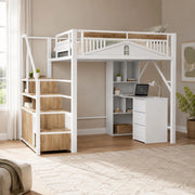 LETTO A CASTELLO 140x200 cm in metallo e legno bianco con scala contenitore