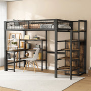 OKWISH Letto a Soppalco 90×200 cm, Letto Singolo con Scrivania, Mensole e Armadio, senza Materasso, in Metallo e MDF, Nero e Marrone