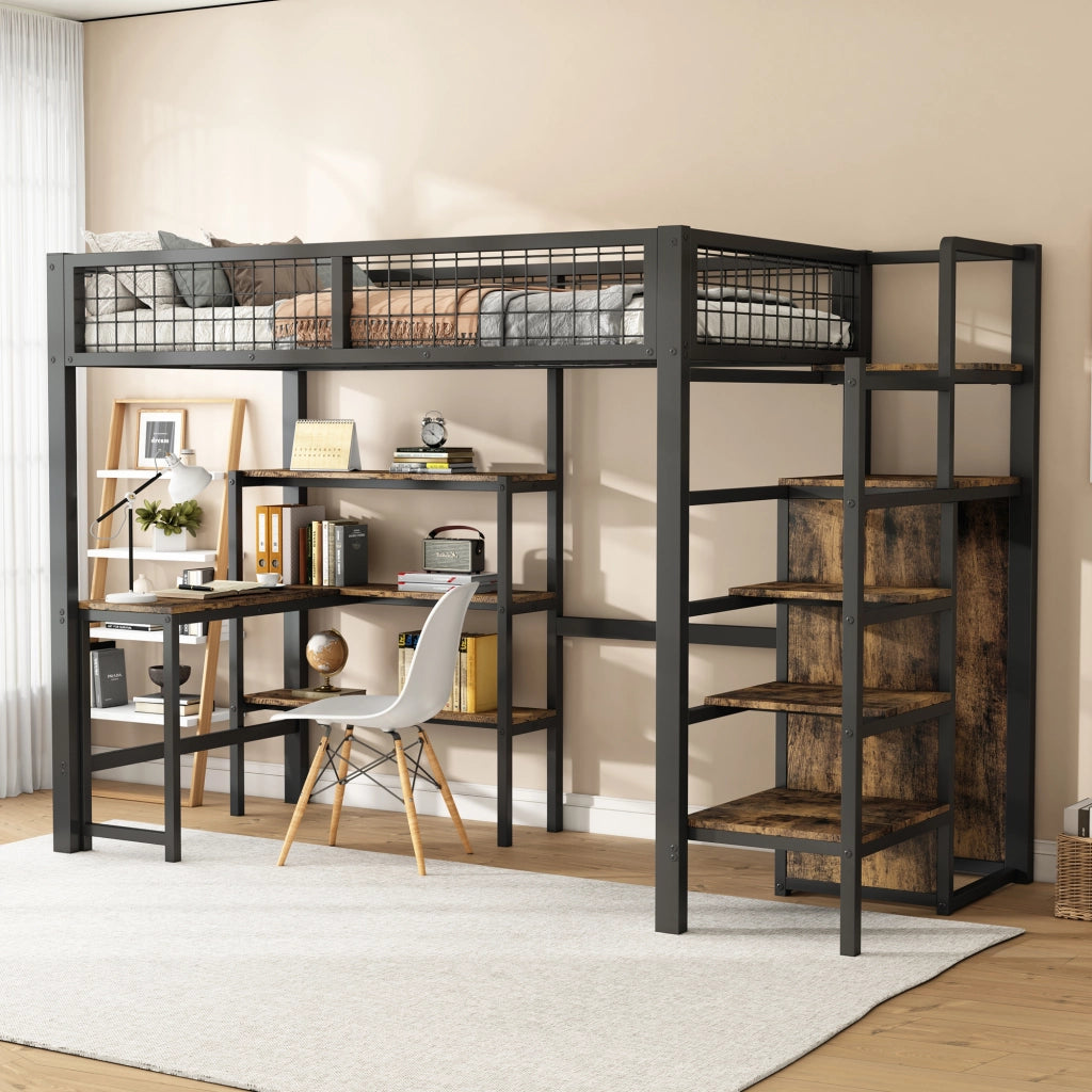 OKWISH Letto a Soppalco 90×200 cm, Letto Singolo con Scrivania, Mensole e Armadio, senza Materasso, in Metallo e MDF, Nero e Marrone
