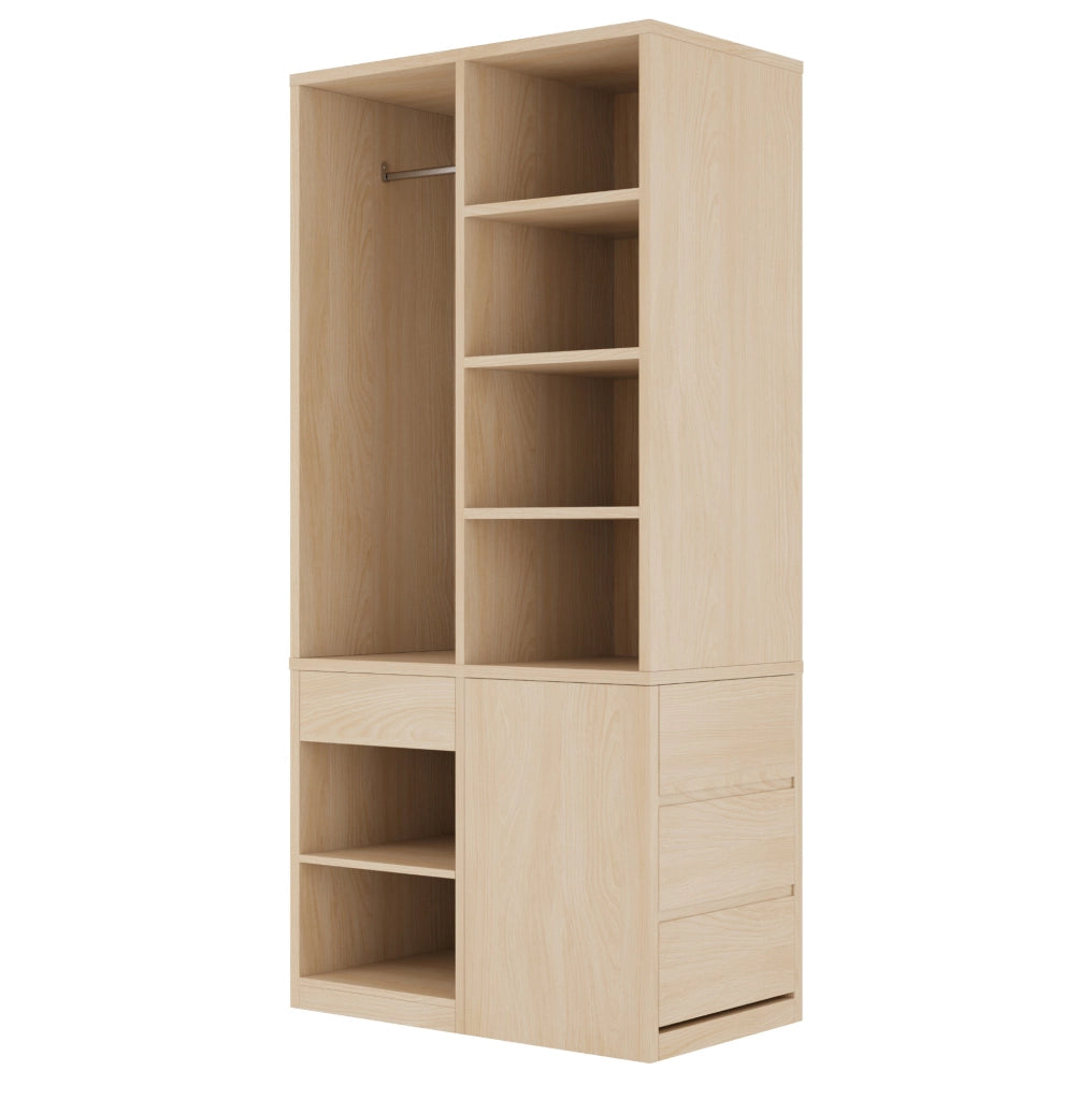 Armadio guardaroba 70x50x170 cm con appendiabiti; ripiani aperti e cassetti in MDF e compensato