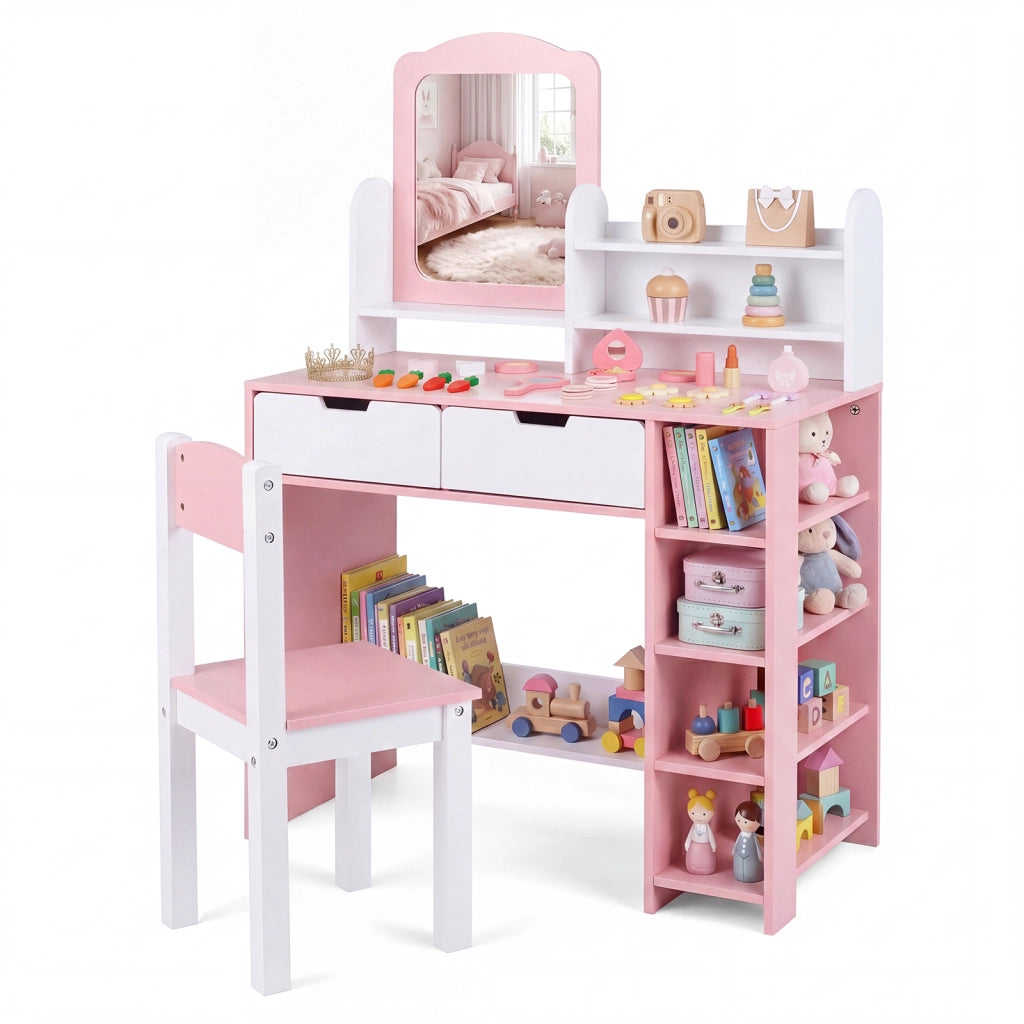 Toletta trucco per bambini 3-7 anni con tavolino e sgabello, Toletta trucco con scaffale libreria e ripiano per studio e gioco