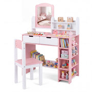 Toletta trucco per bambini 3-7 anni con tavolino e sgabello, Toletta trucco con scaffale libreria e ripiano per studio e gioco