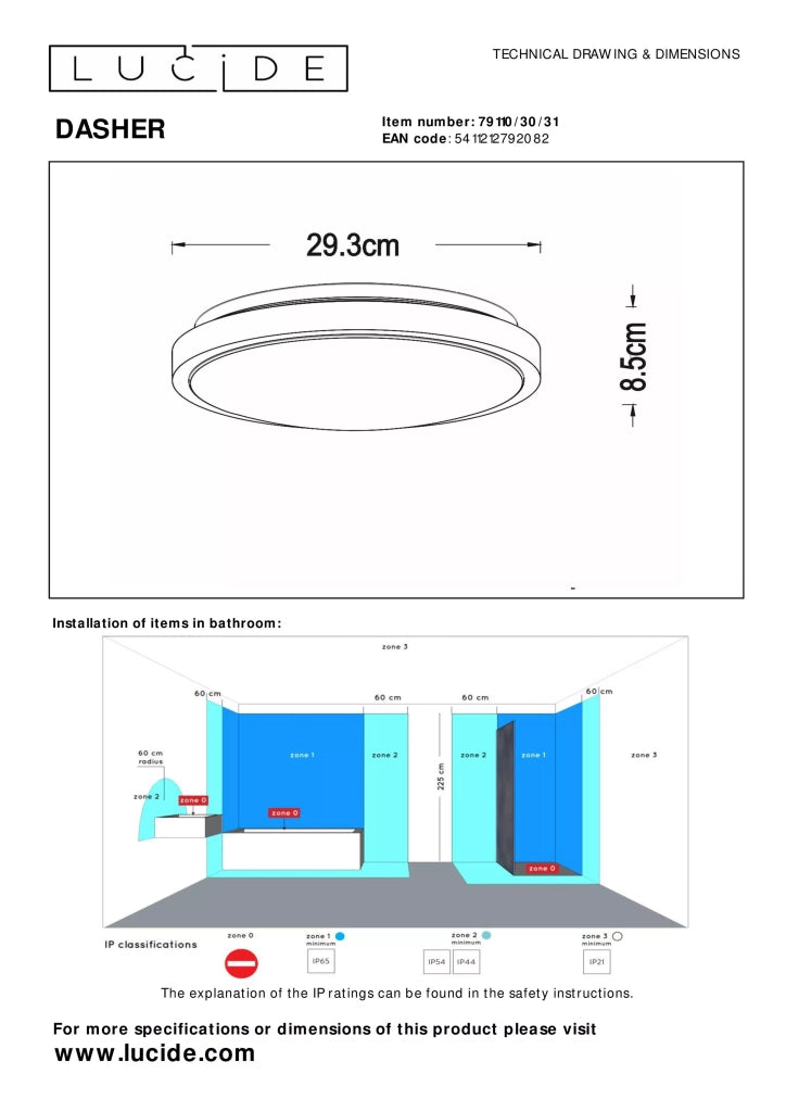 Plafoniera bagno LED 12W tonda 29,3cm bianca Lucide