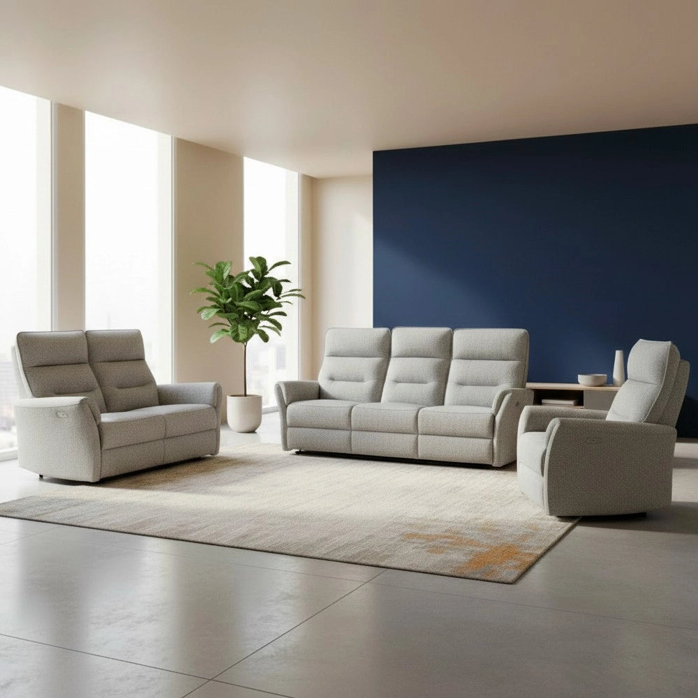 Set Relax Softwave – Divano 2 Posti + Divano 3 Posti + Poltrona Recliner Elettrica in Tessuto Grigio