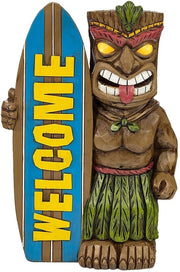 Tiki-beeld con surfboard per decorazione esterna - Ornamento esterno stile Hawaii per giardino - Tiki con tema estivo per decorazione terrazzo 13,5 cm